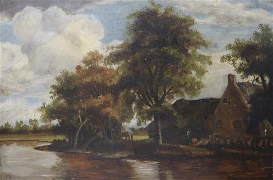 After Hobbema, oil on panel, riverside houses, bears signature, 33 x 43cm, unframed